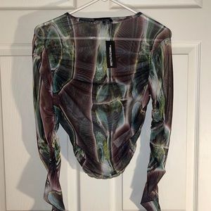 PLT - Petite Green Celluar Print Ruched Mesh Crop Top